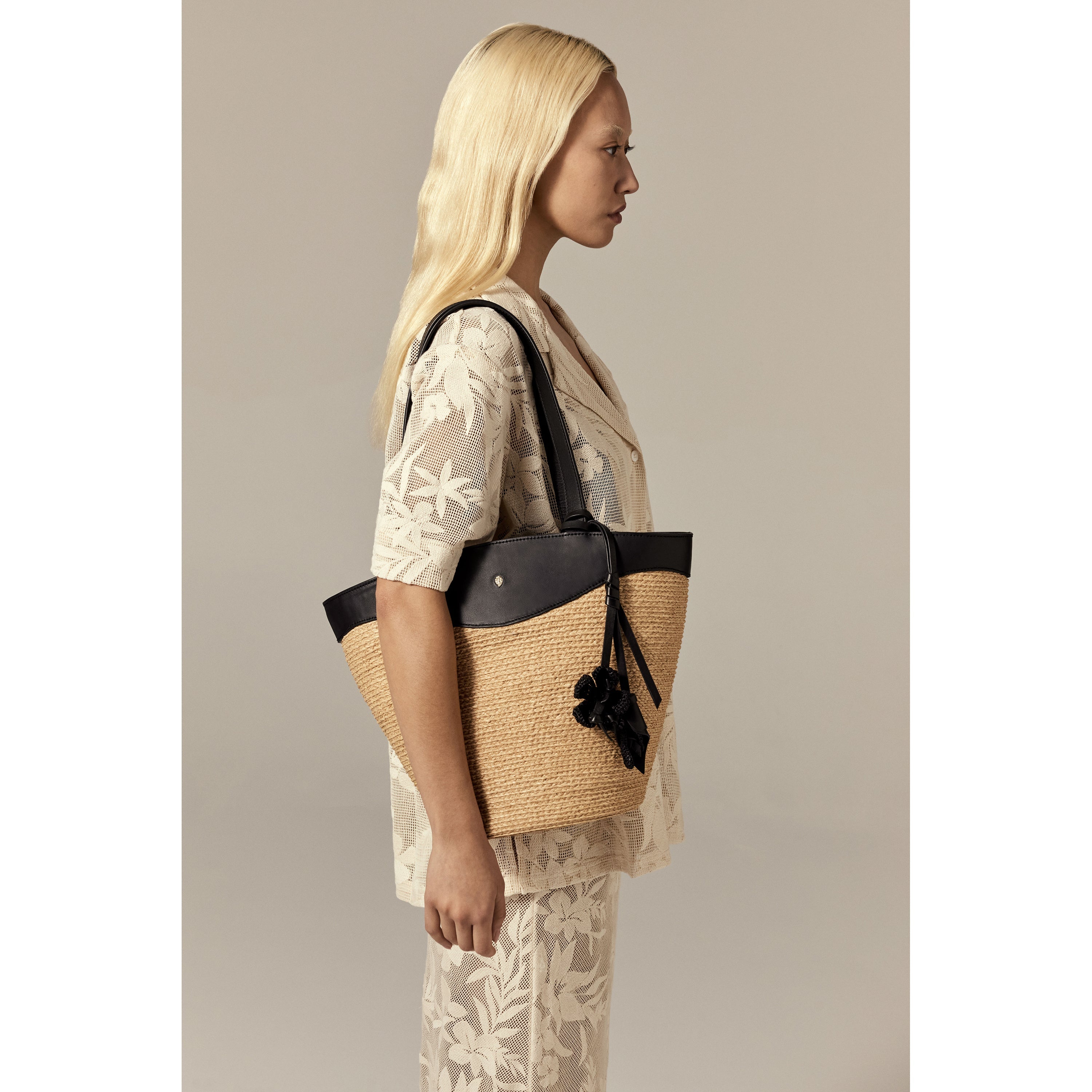 Blossom Raffia Bag Charm - Charcoal - Black Bag Accessory | Helen