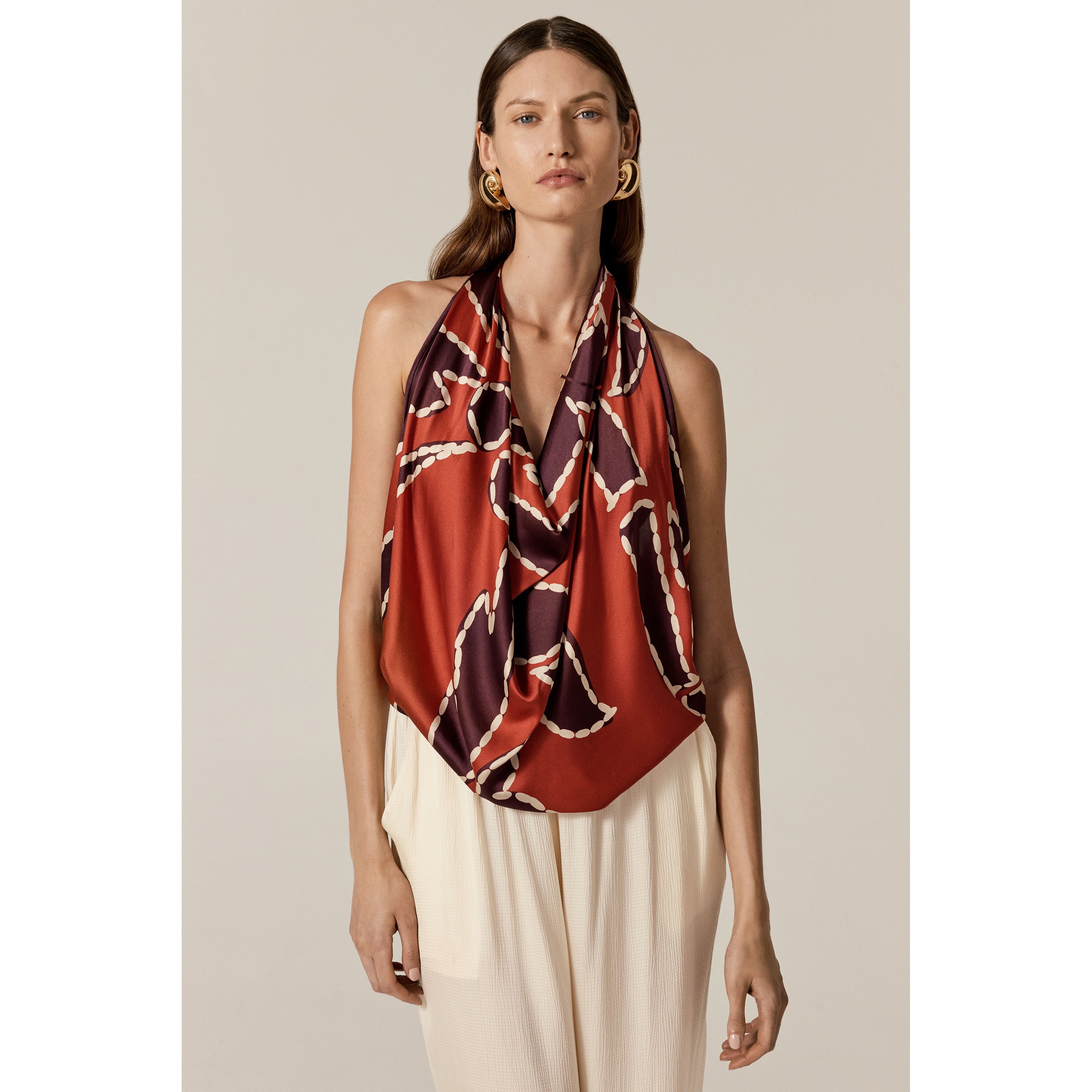 【たくみ】SATIN SCARF Komala Palm Silk Scarf - Garnet - Red Scarf | Helen Kaminski US