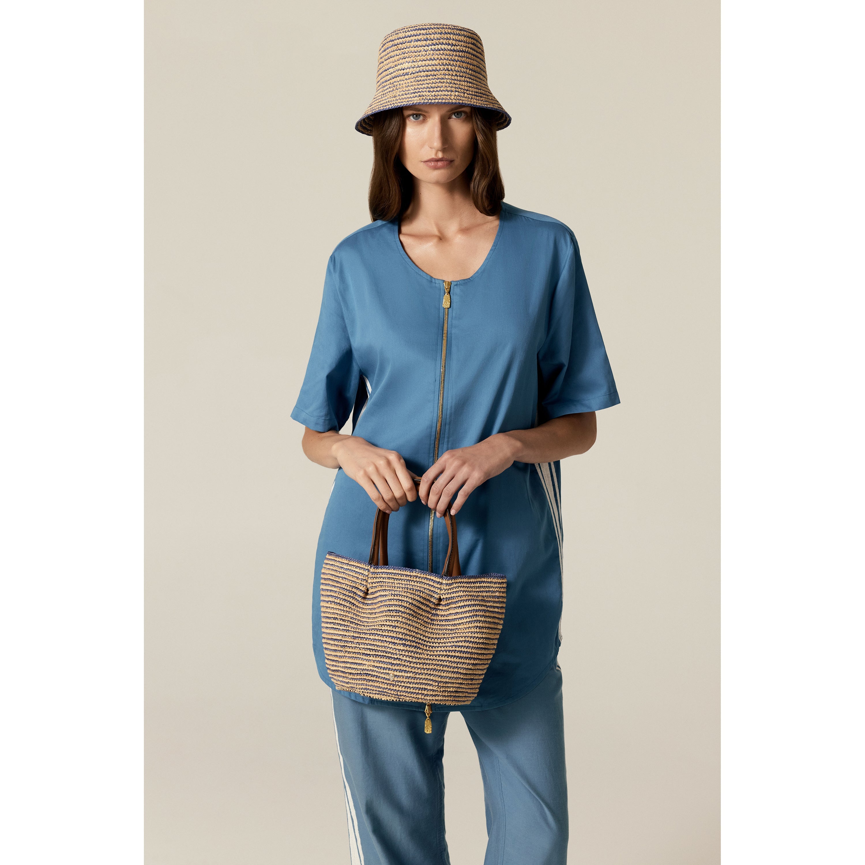 Lalith Raffia Stripe Basket Medium Tote Bag - Natural/Lapis