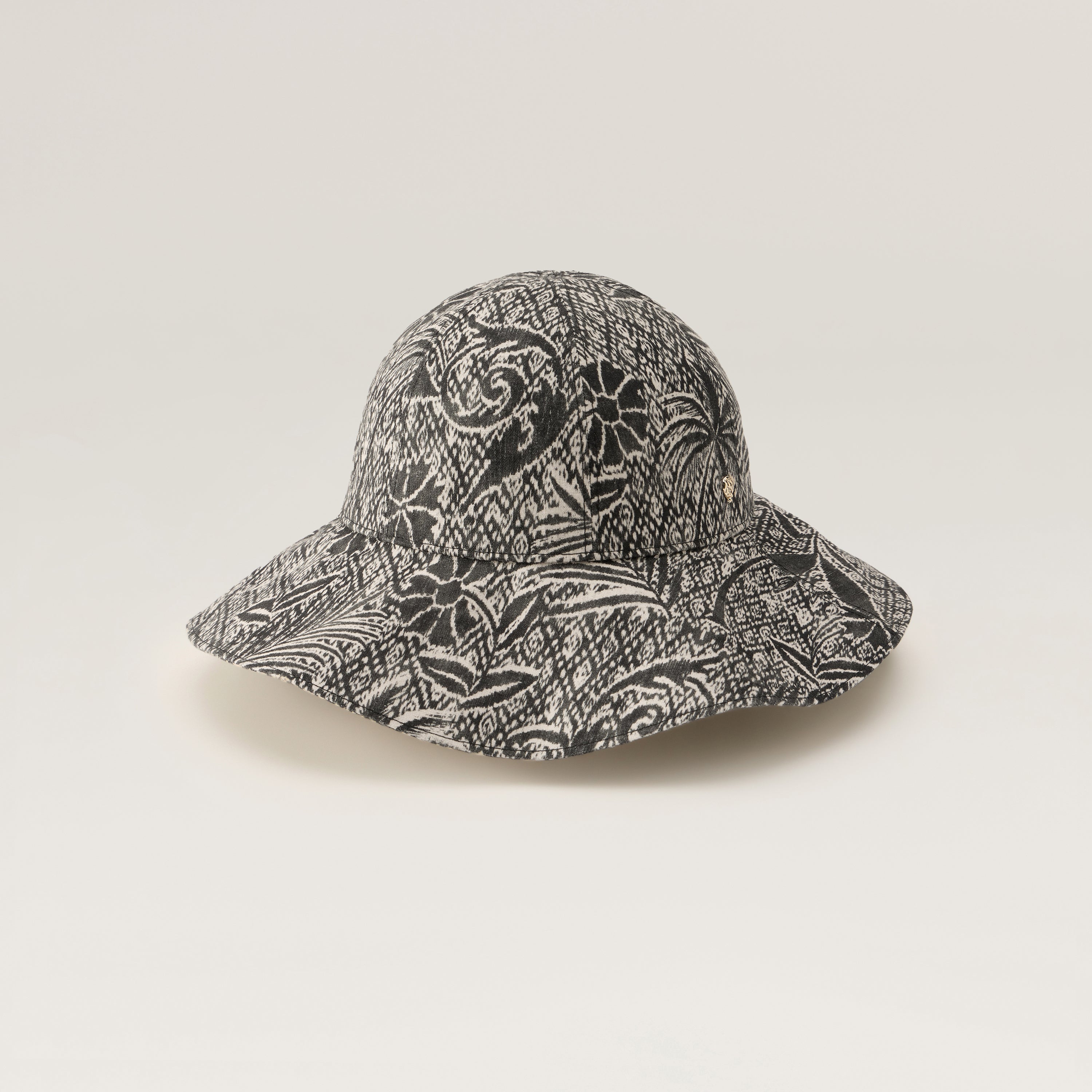 Nikini Linen Print Hat - Black - Black Round Crown Hat | Helen