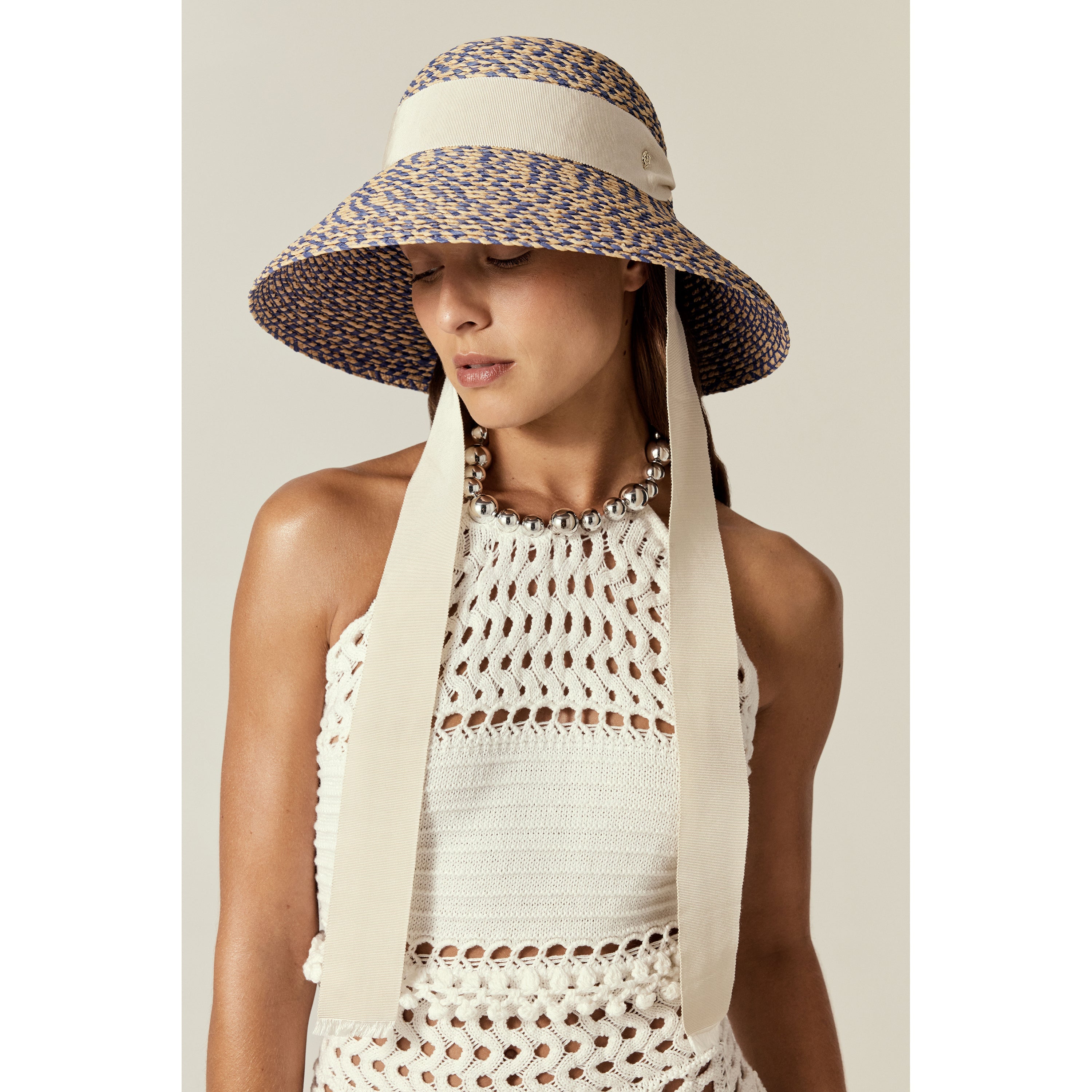 Pip Raffia Braid Sun Hat - Lapis Melange/Cream - Wide Brim 