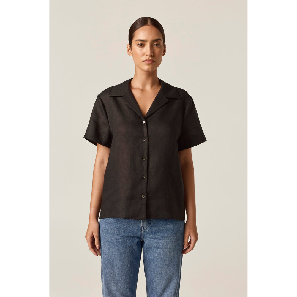 Premium Linen Short Sleeve Shirt - Black | Clothing | Helen