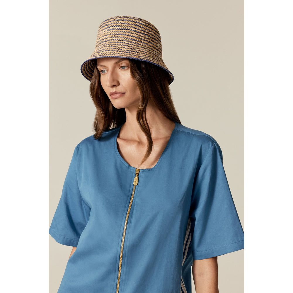 Nala Fine Stripe Crochet Bucket Hat - Natural/Lapis | Helen