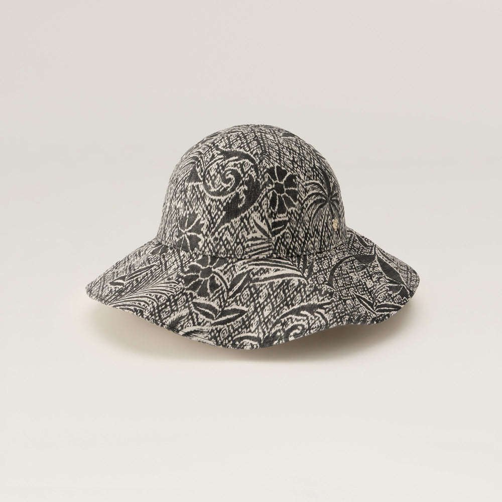 Nikini Linen Print Hat - Black - Black Round Crown Hat 