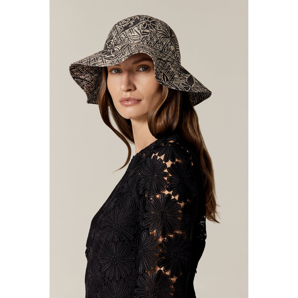 Nikini Linen Print Hat - Black - Black Round Crown Hat | Helen