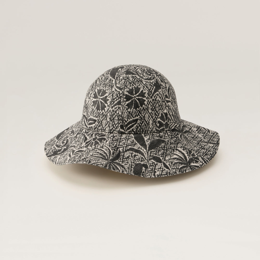 Nikini Linen Print Hat - Black - Black Round Crown Hat | Helen