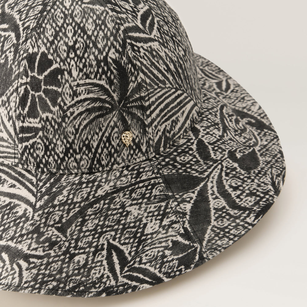 Nikini Linen Print Hat - Black - Black Round Crown Hat | Helen
