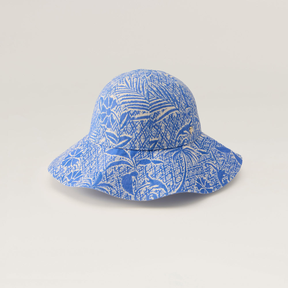 Nikini Linen Print Hat - Lapis - Blue Round Crown Hat | Helen