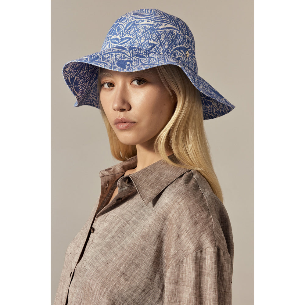 Nikini Linen Print Hat - Lapis - Blue Round Crown Hat | Helen
