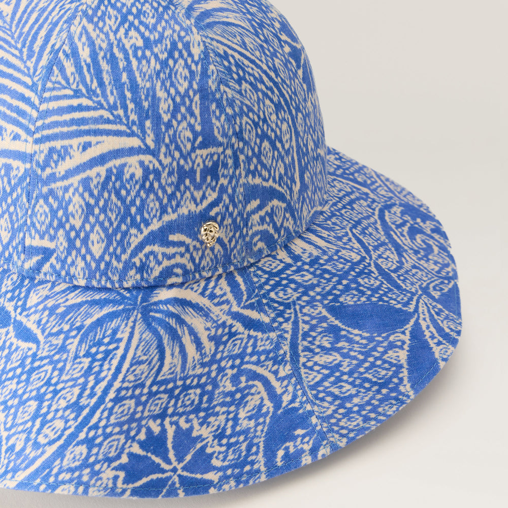Nikini Linen Print Hat - Lapis - Blue Round Crown Hat | Helen