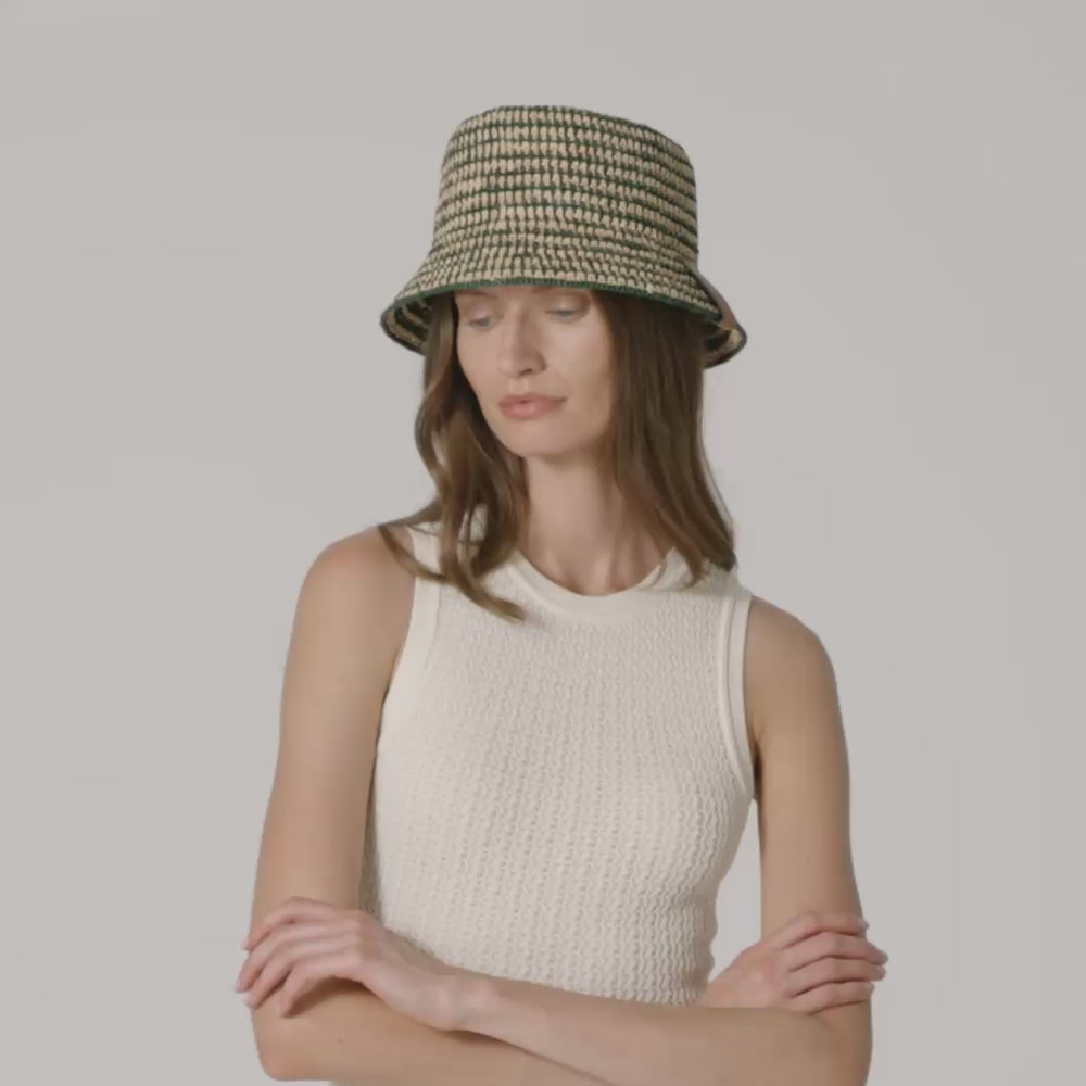 Shashika Raffia Crochet Bucket Hat - Natural/Emerald | Helen