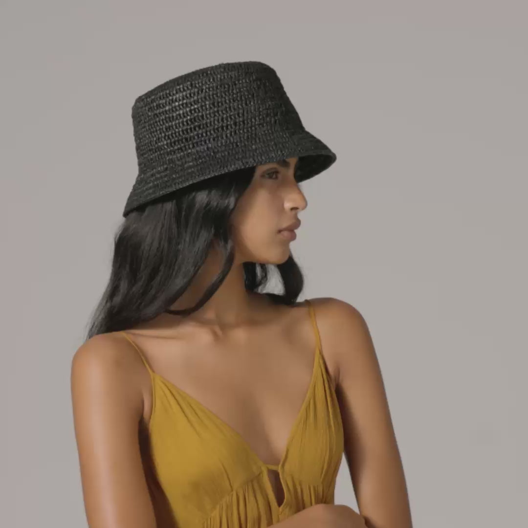 Chaturi Raffia Crochet Bucket Hat - Charcoal | Helen Kaminski US